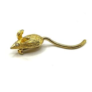 Vintage Mouse Long Articulated Tail Clear Stone Eyes Brooch Adorable Cute